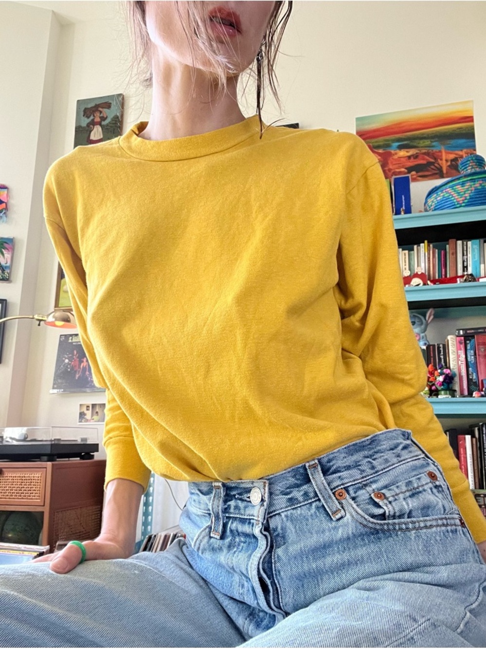 70s Bright Color Yellow Long-Sleeve Crewneck Top Unisex Size S